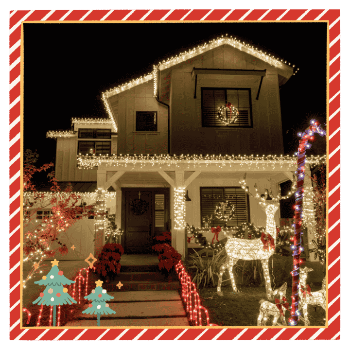 House with holilday christmas lights and candy cane border.